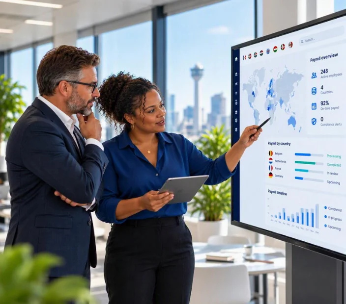 Collega's bespreken gegevens op een groot interactief scherm