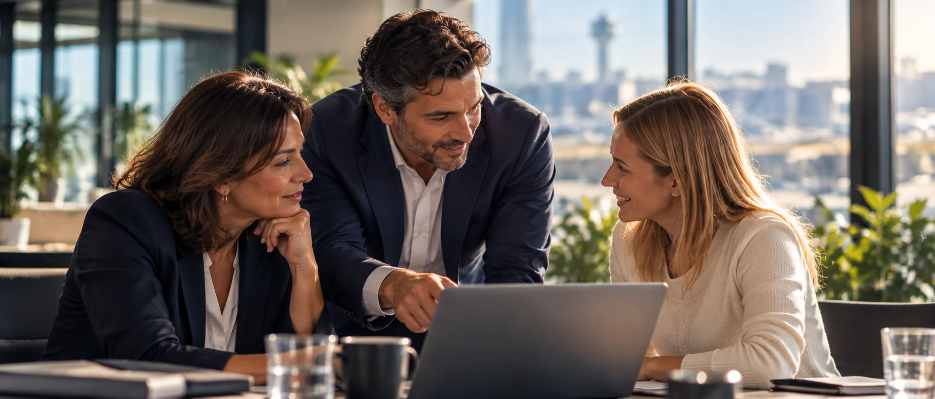 Collega's overleggen achter een laptop