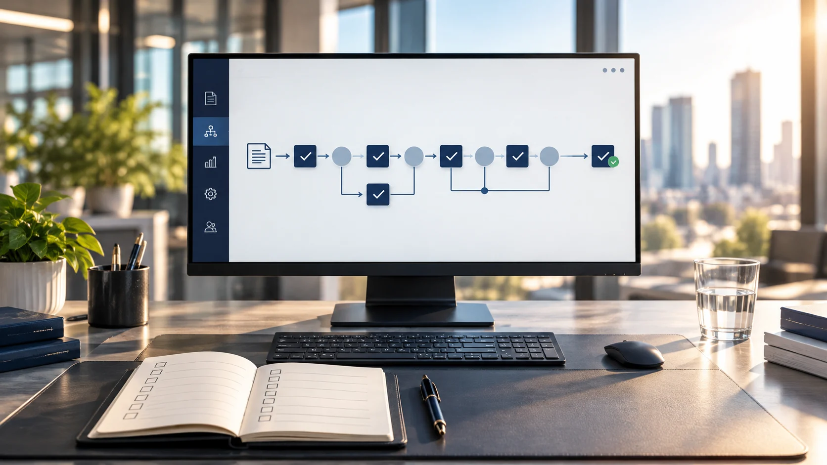 Scherm met procesoverzicht op bureau