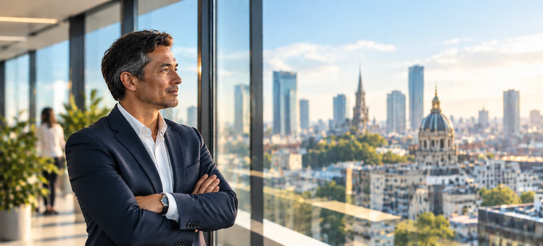 Zakenman op kantoor met uitzicht op de stad