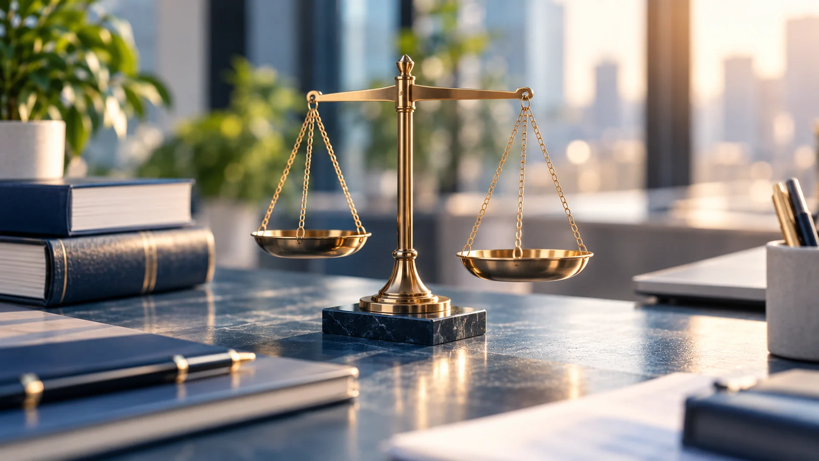 Weegschaal op bureau, symbool voor juridische compliance